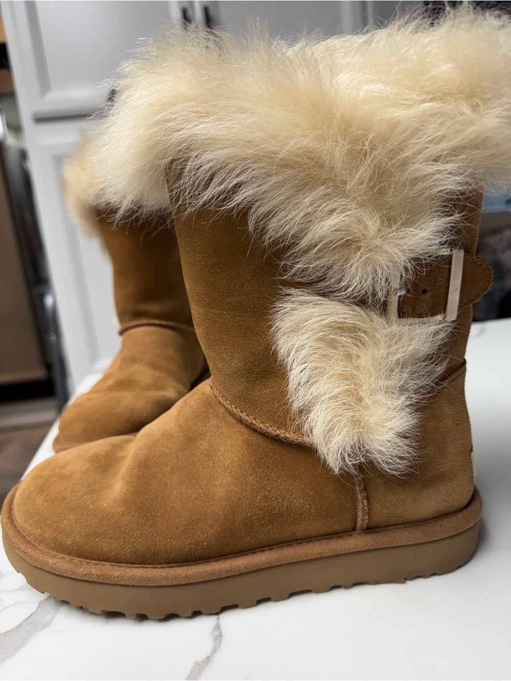 UGG Cozy Shearling-Trim Suede Winter Boots - Tan